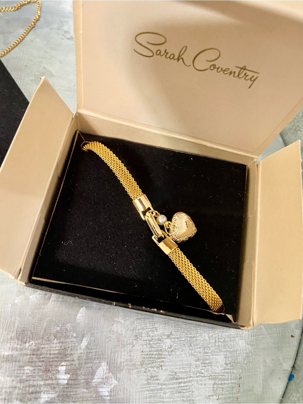 Sarah Coventry Gold Mesh Bracelet with Heart Charm